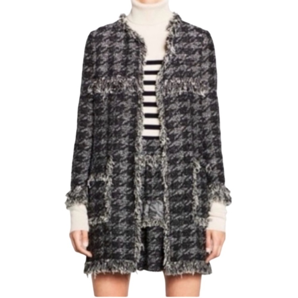 Zara Woman Houndstooth Black and White Open Front Fringed Frayed Coat. Size XS.